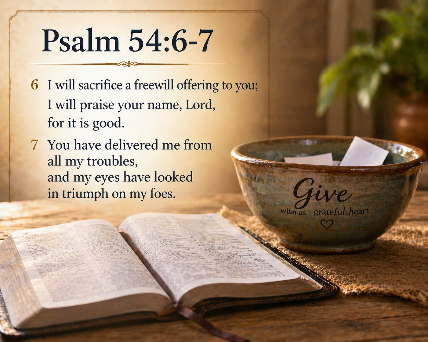 My Sunday contribution prayer comes from Psalm 54, verses 6 through 7: